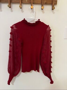 Red Ruffle Mock Neck Sweater Top with Sheer Pom-Pom Sleeves